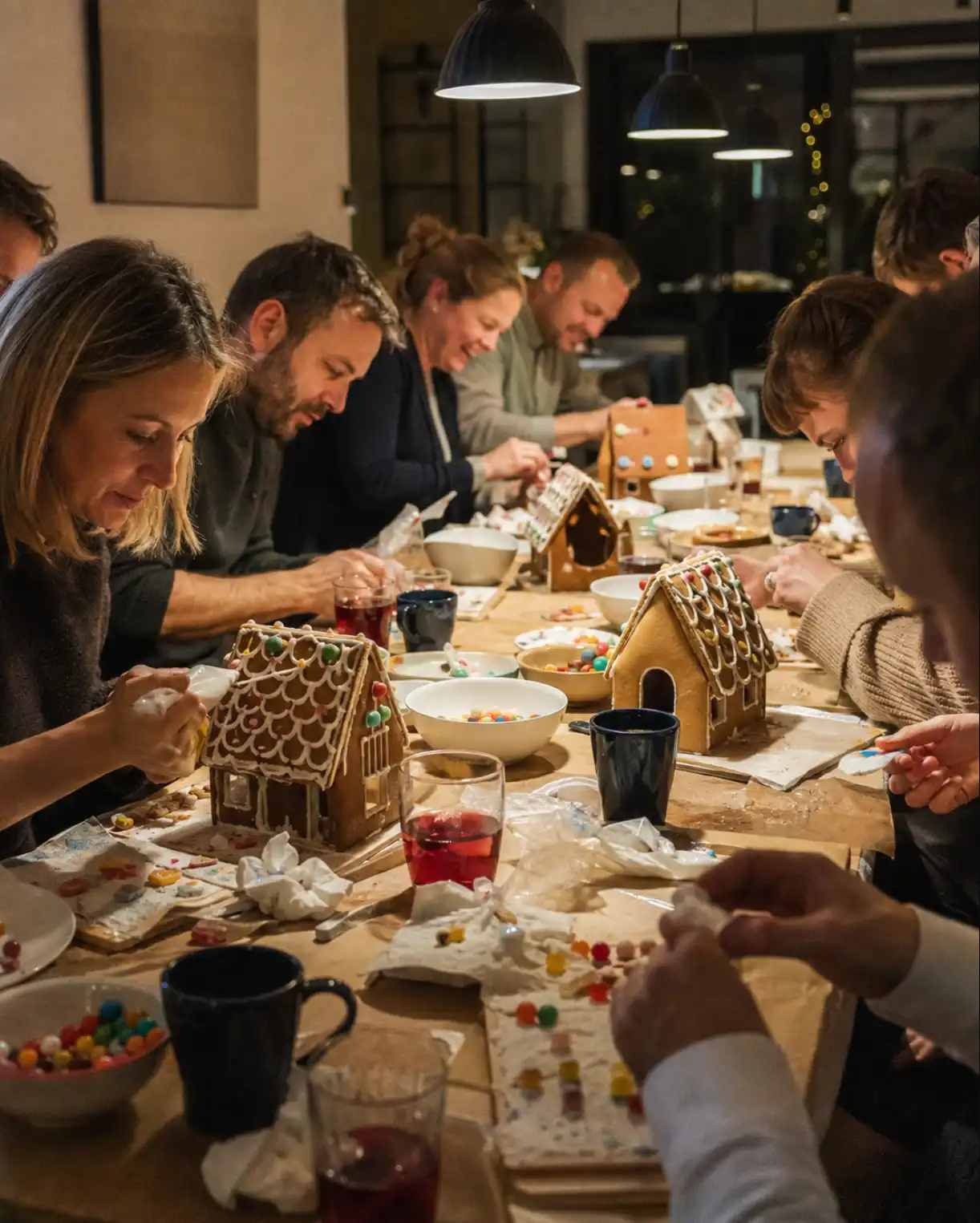 Kolleginnen und Kollegen bei einer Lebkuchenhaus-Challenge mit Punsch